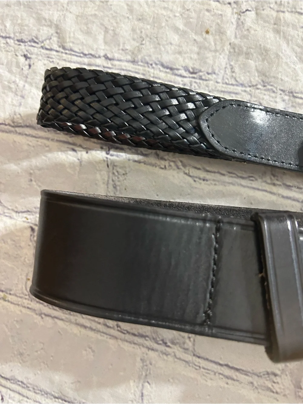 BLACK WAXED LEATHER (BWF) RUGGED BELT SIZE 28 & BLACK WOVEN REVERSIBLE BELT 28